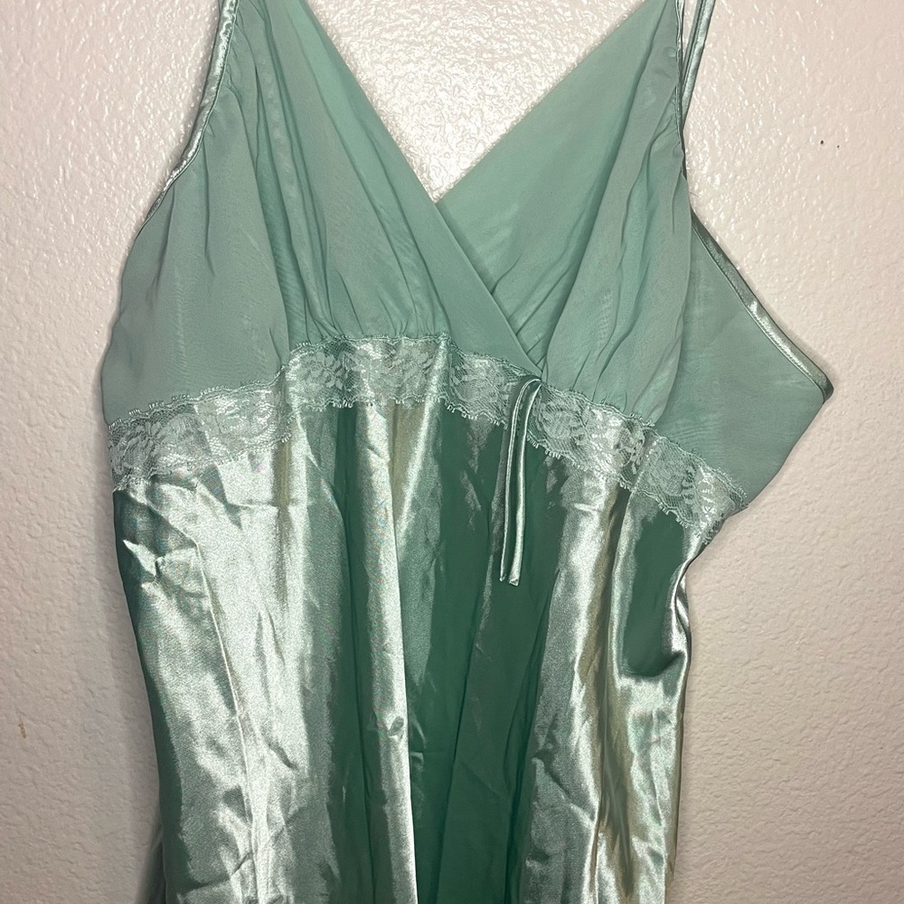 Sage Green Satin Chemise with V-Neck and Spaghetti Straps
